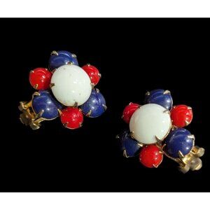Vintage Red White & Blue Beaded Clip-On Earrings Gold Tone Finish Retro Style